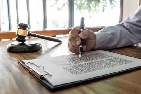 Wooden gavel on table